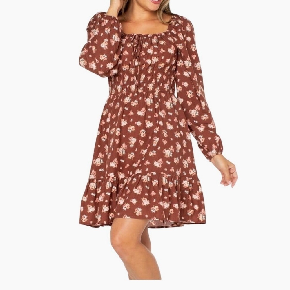Celebrity Pink Floral Dress Women XXL Brown Smocked Cottagecore Boho